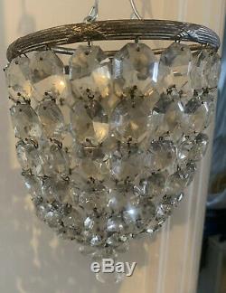 PAIR VINTAGE ANTIQUE CUT GLASS CRYSTAL SILVER PLATED BRASS BASKET CHANDELIERS Vg