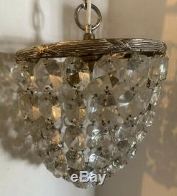 PAIR VINTAGE ANTIQUE CUT GLASS CRYSTAL SILVER PLATED BRASS BASKET CHANDELIERS Vg