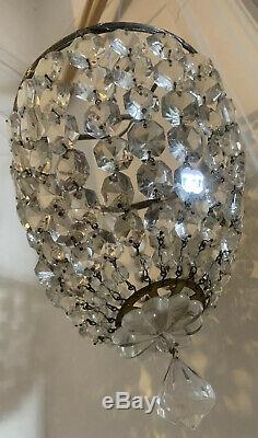 PAIR VINTAGE ANTIQUE CUT GLASS CRYSTAL SILVER PLATED BRASS BASKET CHANDELIERS Vg