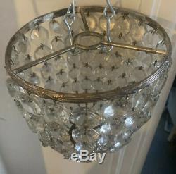 PAIR VINTAGE ANTIQUE CUT GLASS CRYSTAL SILVER PLATED BRASS BASKET CHANDELIERS Vg