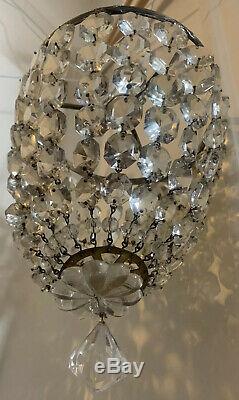 PAIR VINTAGE ANTIQUE CUT GLASS CRYSTAL SILVER PLATED BRASS BASKET CHANDELIERS Vg