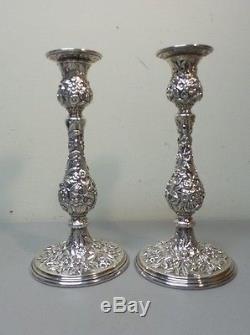 PAIR VINTAGE KIRK REPOUSSE STERLING SILVER 9.75 CANDLESTICKS, 850 grams