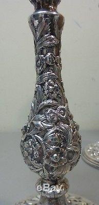 PAIR VINTAGE KIRK REPOUSSE STERLING SILVER 9.75 CANDLESTICKS, 850 grams