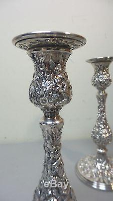 PAIR VINTAGE KIRK REPOUSSE STERLING SILVER 9.75 CANDLESTICKS, 850 grams