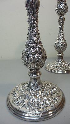 PAIR VINTAGE KIRK REPOUSSE STERLING SILVER 9.75 CANDLESTICKS, 850 grams