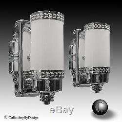 PAIR VTG 1930's Machine Age Art Deco Chrome Milk Glass Cylinder Sconces RESTORED