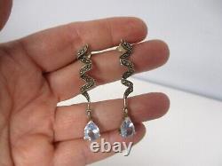 PAIR VTG 925 TH STERLING SILVER MARCASITE SWIRL DROP w BLUE GEMSTONES EARRINGS