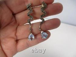 PAIR VTG 925 TH STERLING SILVER MARCASITE SWIRL DROP w BLUE GEMSTONES EARRINGS