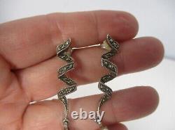 PAIR VTG 925 TH STERLING SILVER MARCASITE SWIRL DROP w BLUE GEMSTONES EARRINGS