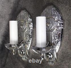 PAIR VTG Art Deco Chrome Plated Cast Iron Sconces c. 1930 RESTORED