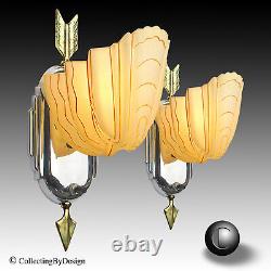 PAIR VTG Globe Art Deco Arrow Slip Shade Sconces c. 1937 RESTORED