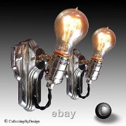 PAIR VTG Industrial Streamline Machine Age Deco Chrome Sconces c. 1935