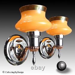 PAIR VTG Modernist Art Deco Peach Glass Chrome Sconces c. 1935 RESTORED