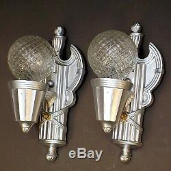 PAIR Vintage 30s Art Deco Silver Cast Metal Wall Mount Light Sconces REWIRED