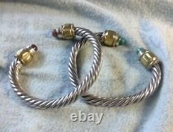 PAIR Vintage 925 Sterling Silver Malachite Cable Cuff Bracelets Taxco Mexico