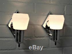 PAIR Vintage Art Deco Retro MCM Chrome Slip Shade Bathroom Sconces Restored