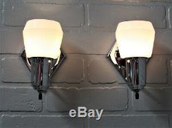 PAIR Vintage Art Deco Retro MCM Chrome Slip Shade Bathroom Sconces Restored