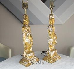 PAIR Vintage Hollywood Regency KWAN YIN Silver Gold GILT GLAM Sculpture LAMPS