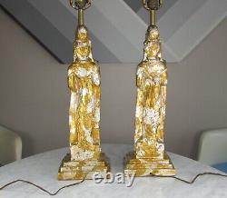 PAIR Vintage Hollywood Regency KWAN YIN Silver Gold GILT GLAM Sculpture LAMPS