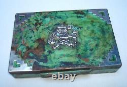 PAIR antique vtg Mexico Aztec maya cooper & sterling Silver Cigarette Box