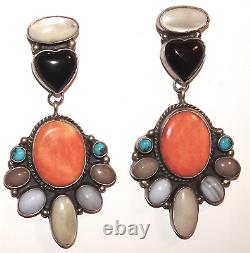 PAIR of VINTAGE Native American BAL Signed LARGE Sterling MULTISTONE EARRINGS