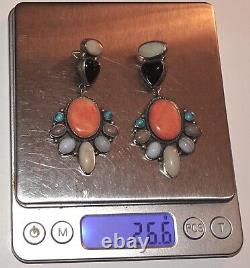 PAIR of VINTAGE Native American BAL Signed LARGE Sterling MULTISTONE EARRINGS