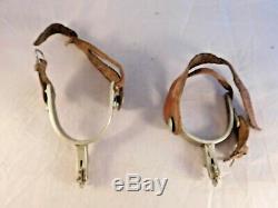 PAIR of VINTAGE RICARDO NICKEL SILVER ENGRAVED SPURS with LEATHER STRAPS
