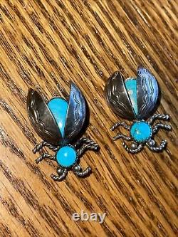 PAIR of Vintage Sterling Silver Navajo Turquoise Beetle Bug Pin Broochs