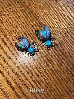 PAIR of Vintage Sterling Silver Navajo Turquoise Beetle Bug Pin Broochs