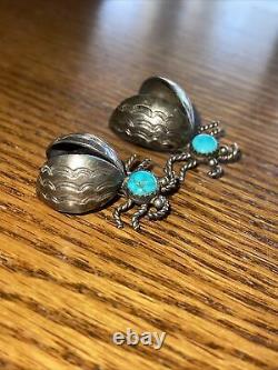 PAIR of Vintage Sterling Silver Navajo Turquoise Beetle Bug Pin Broochs