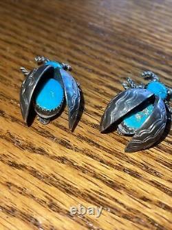 PAIR of Vintage Sterling Silver Navajo Turquoise Beetle Bug Pin Broochs