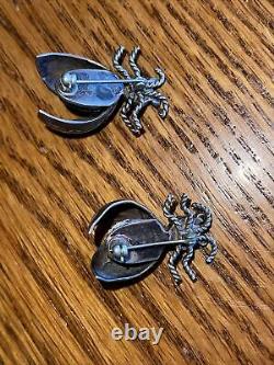 PAIR of Vintage Sterling Silver Navajo Turquoise Beetle Bug Pin Broochs