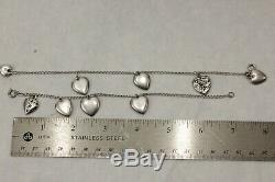 PAIR of Vintage Sterling Silver Puffy Heart Floral Charm Bracelets Clasp 7 TWO