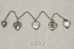 PAIR of Vintage Sterling Silver Puffy Heart Floral Charm Bracelets Clasp 7 TWO