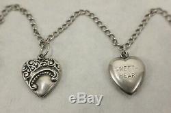 PAIR of Vintage Sterling Silver Puffy Heart Floral Charm Bracelets Clasp 7 TWO