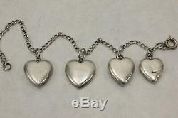 PAIR of Vintage Sterling Silver Puffy Heart Floral Charm Bracelets Clasp 7 TWO