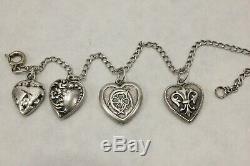 PAIR of Vintage Sterling Silver Puffy Heart Floral Charm Bracelets Clasp 7 TWO