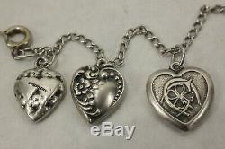 PAIR of Vintage Sterling Silver Puffy Heart Floral Charm Bracelets Clasp 7 TWO