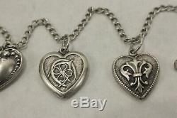 PAIR of Vintage Sterling Silver Puffy Heart Floral Charm Bracelets Clasp 7 TWO