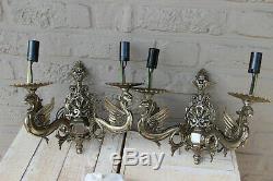 PAIR vintage Brass silver patina Dragon gothic castle sconces wall lights 1960
