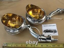 Pair 12 Volt Small Vintage Style Fog Lights / Visors And Chrome Brackets