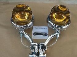 Pair 12 Volt Small Vintage Style Fog Lights / Visors And Chrome Brackets