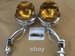 Pair 12 Volt Small Vintage Style Fog Lights / Visors And Chrome Brackets