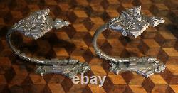 Pair 2 Vintage French Empire Silver Metal Curtain Tie Back Hooks Chateau Antique