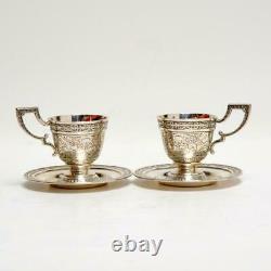 Pair (2) Vintage Mauser For Brand-hier, Chased Sterling Demitasse Cups & Saucers