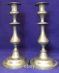 Pair 2 Vintage Pewter Candle Holders Marked Pewter CW 10 Adjustable Colonial
