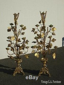 Pair 36H Vintage Gold Table Top Floral Candelabras Brass Candle Holders Light
