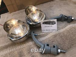 Pair 6 Volt Small Vintage Style Fog Lights / Visors And Gray Brackets