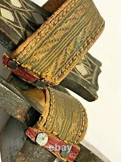 Pair Antique 19c Ottoman Nalin Hammam Silver MOP Carve Wood Leather Clogs Shoes