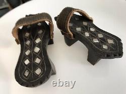 Pair Antique 19c Ottoman Nalin Hammam Silver MOP Carve Wood Leather Clogs Shoes